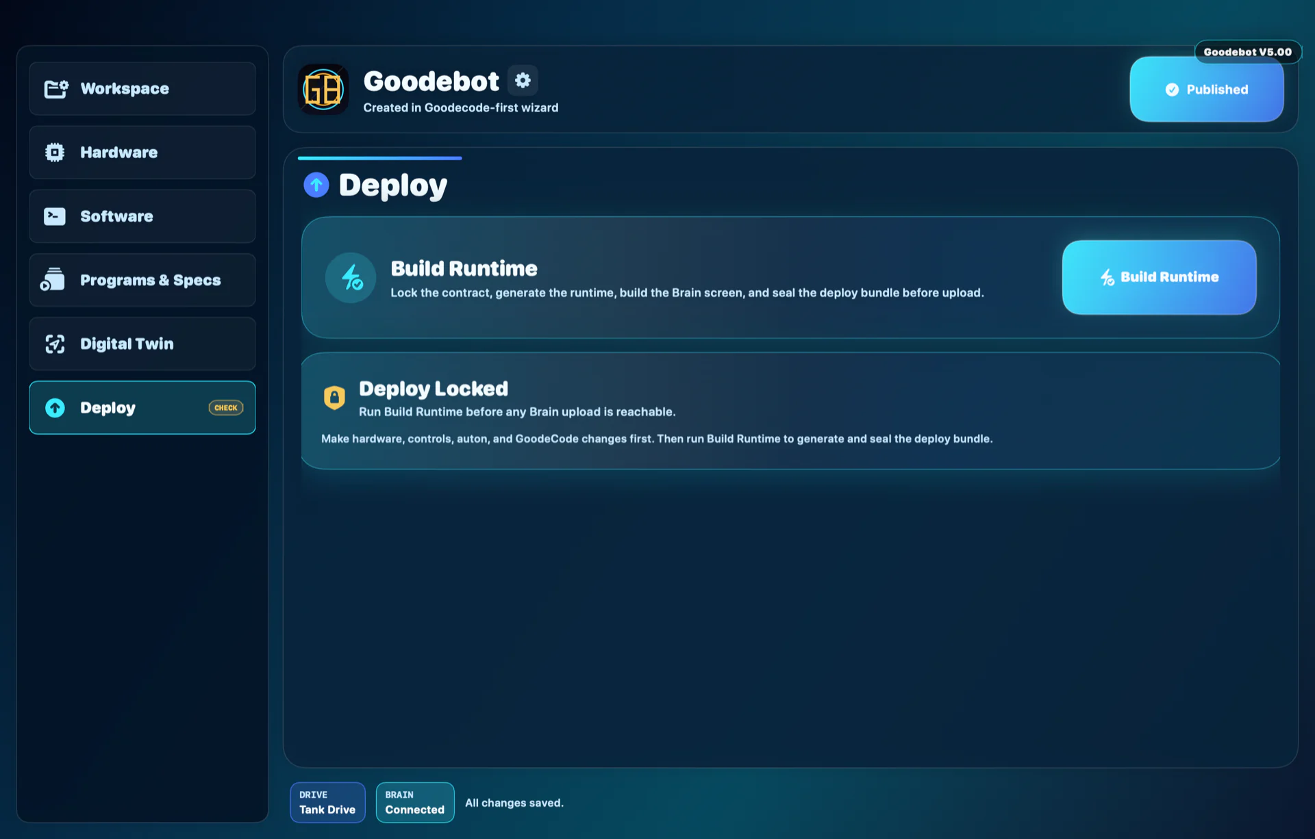 Goodebot v5.00 Deploy workspace in the default theme