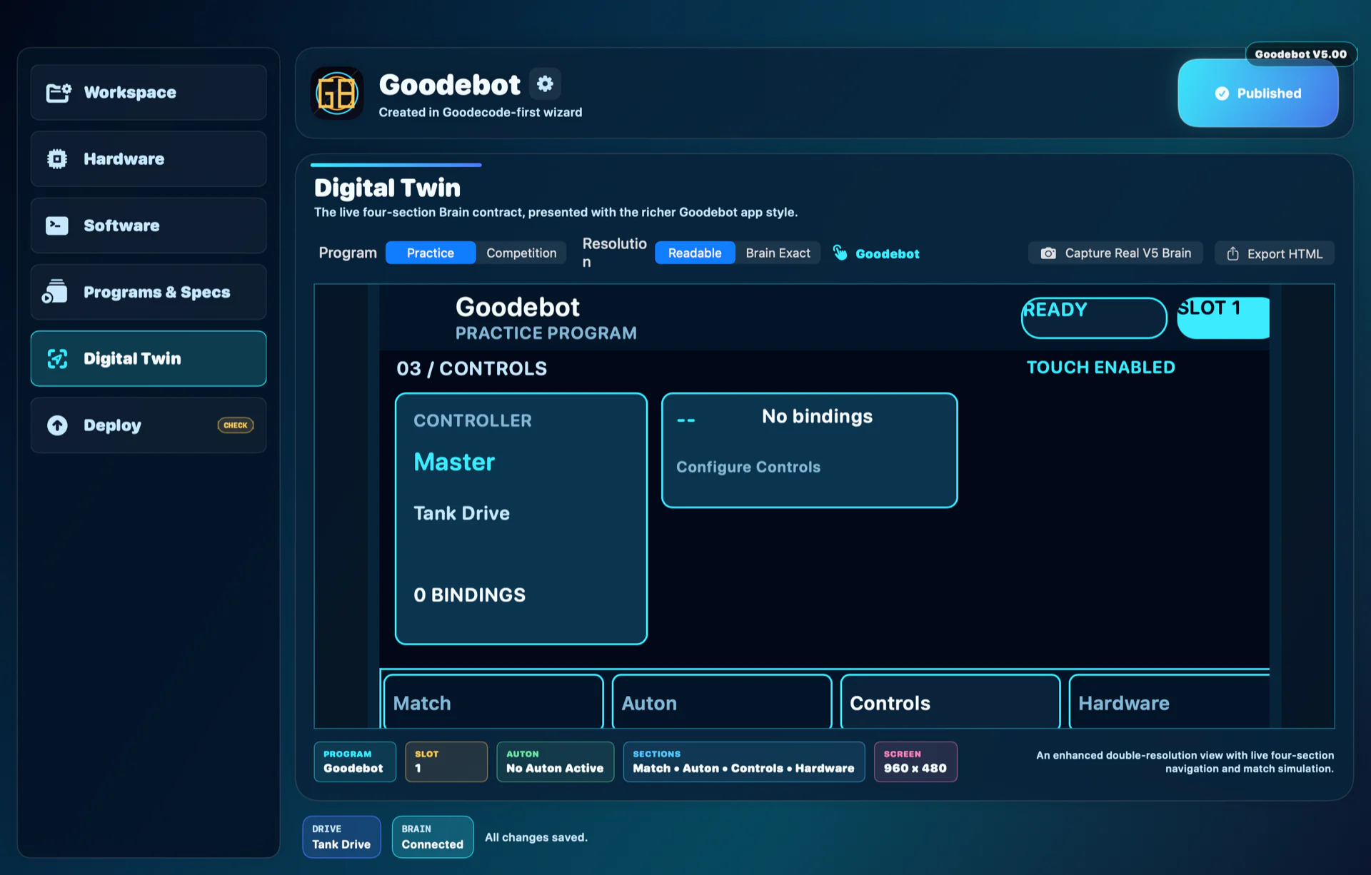 Goodebot v5.00 Digital Twin Controls screen in the default theme
