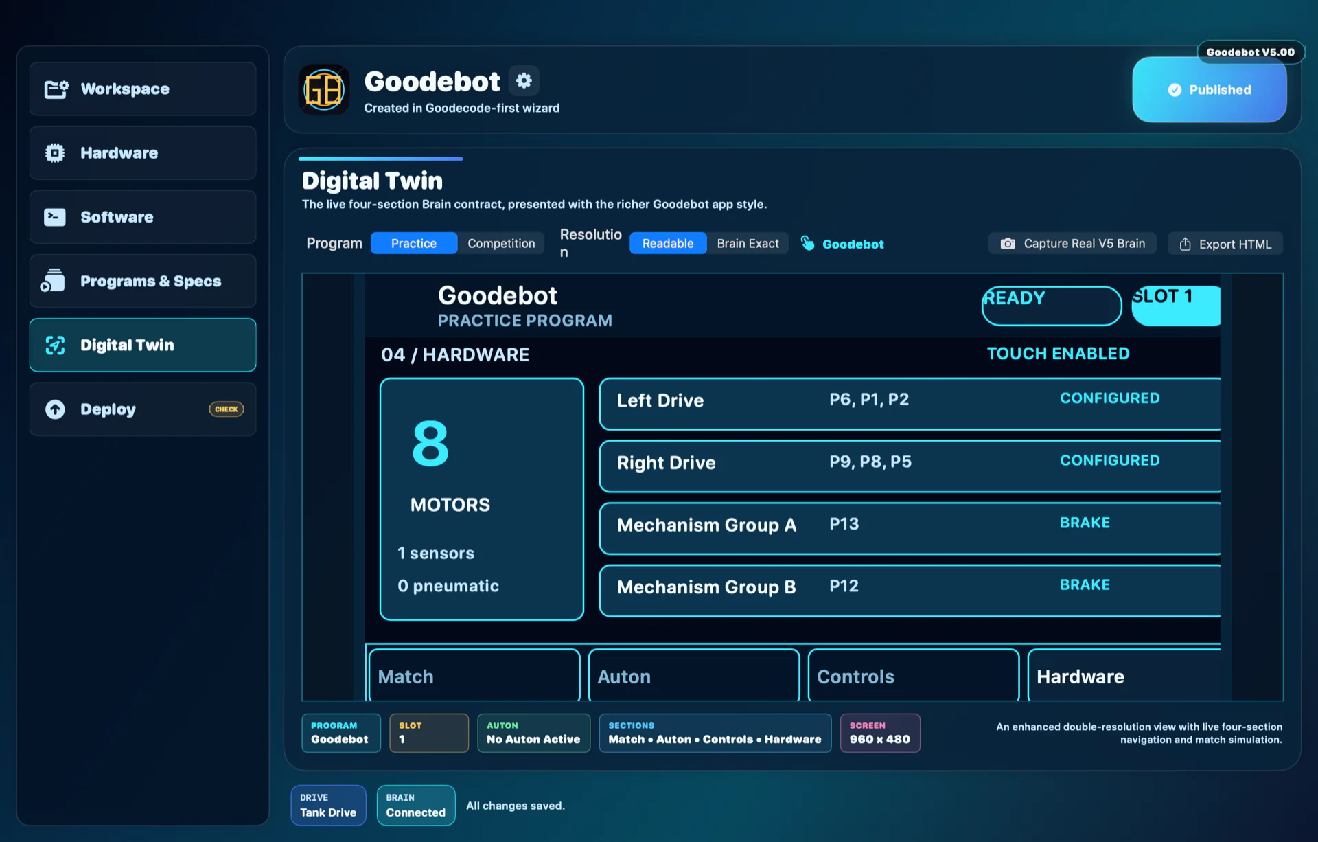 Goodebot v5.00 Digital Twin Hardware screen in the default theme