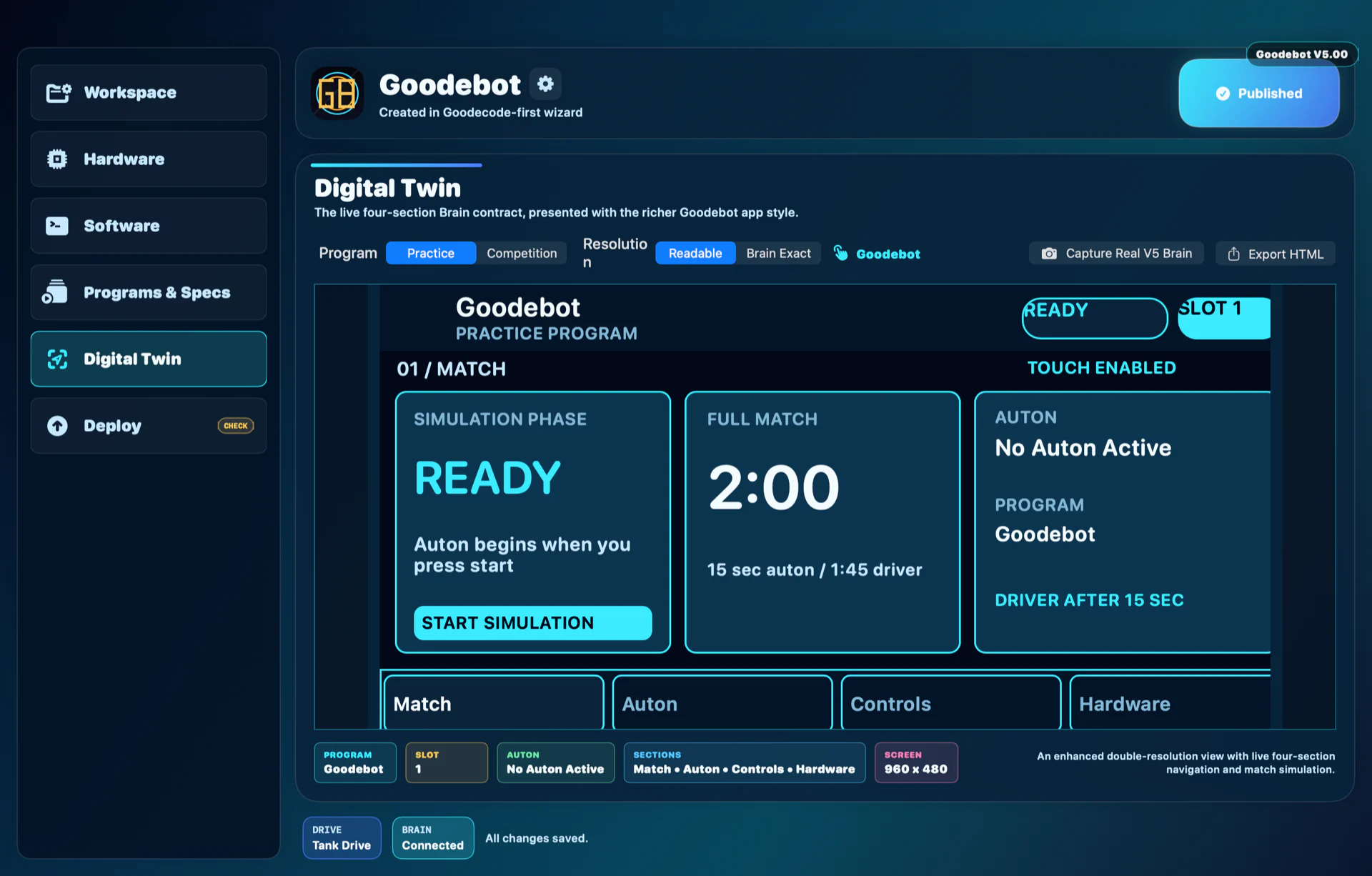 Real Goodebot v5.00 Digital Twin Match screen in the default theme