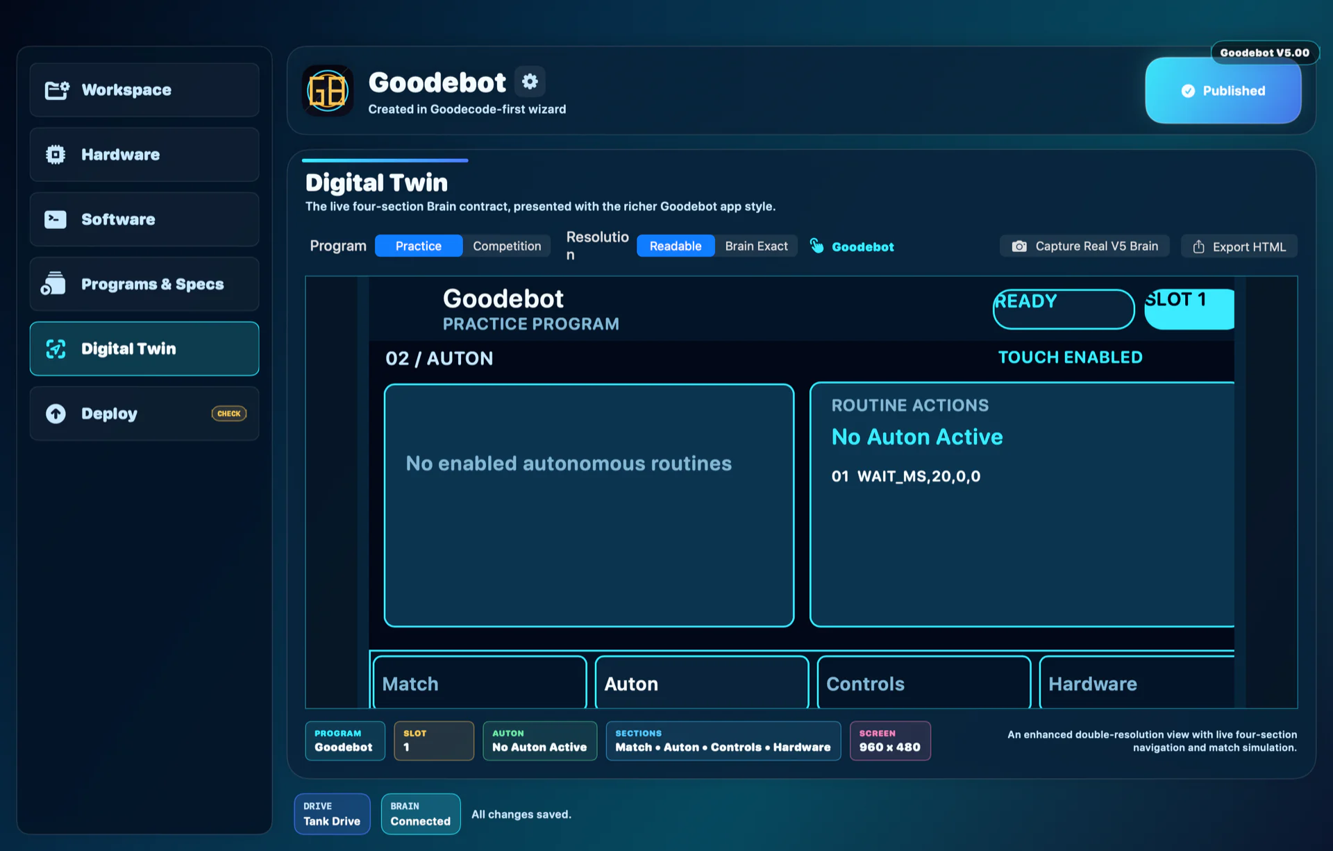Goodebot v5.00 Digital Twin Auton screen in the default theme