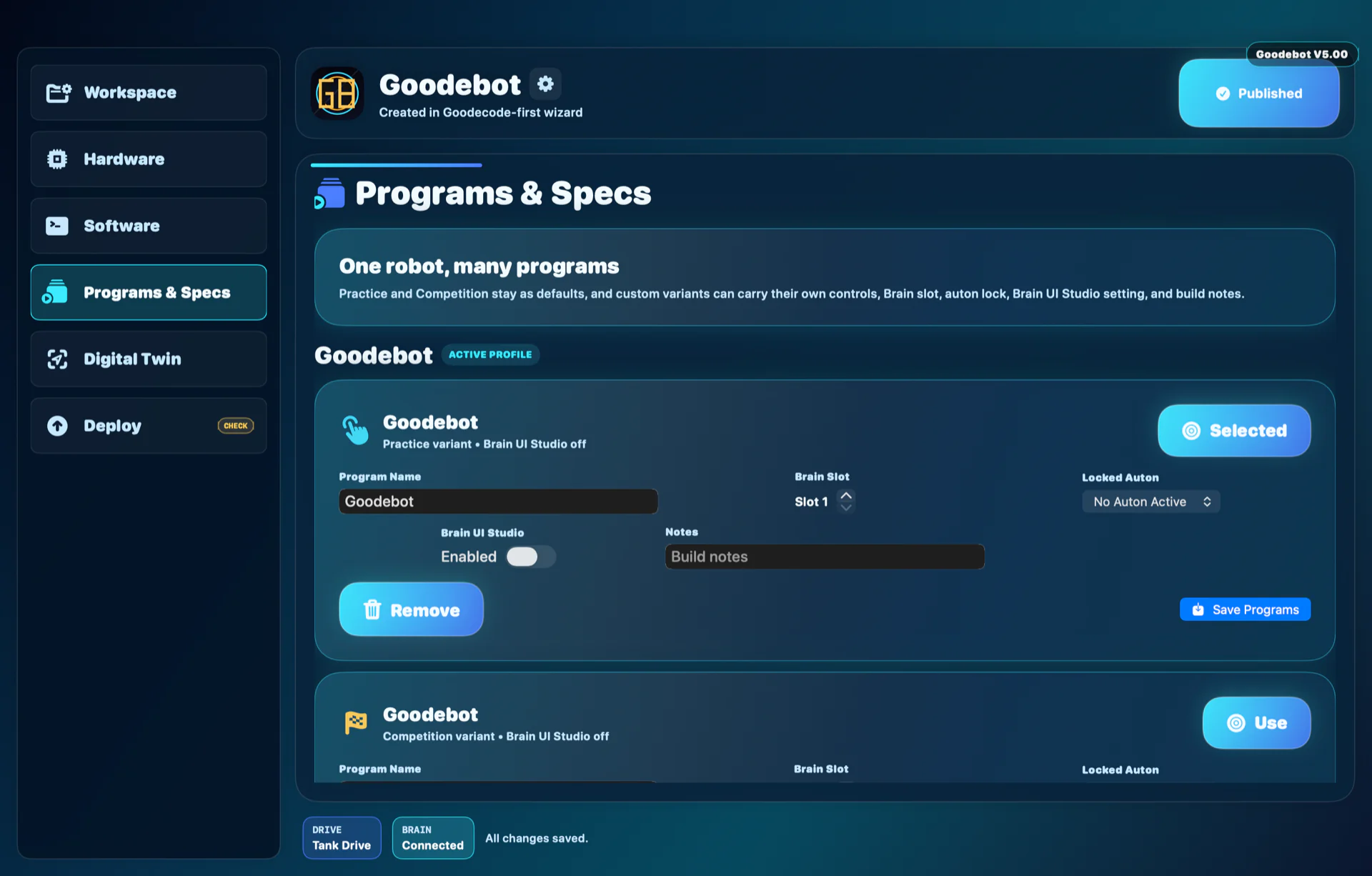Goodebot v5.00 Programs and Specs workspace in the default theme